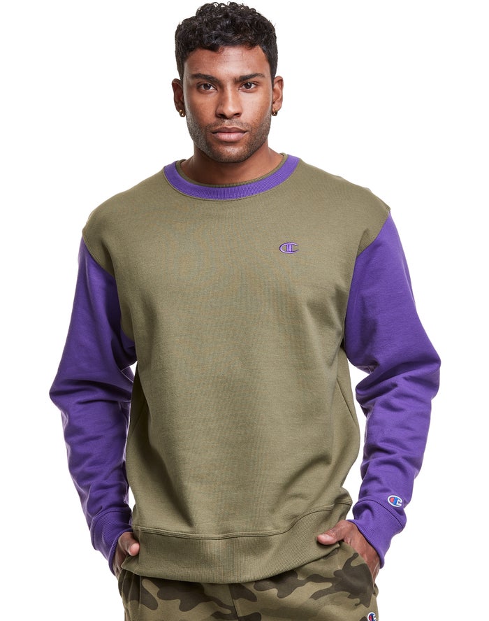 Champion Mens Sweatshirt NZ - Powerblend Fleece Crew Double Collar Crew Embroidered C Logo Olive/Pur